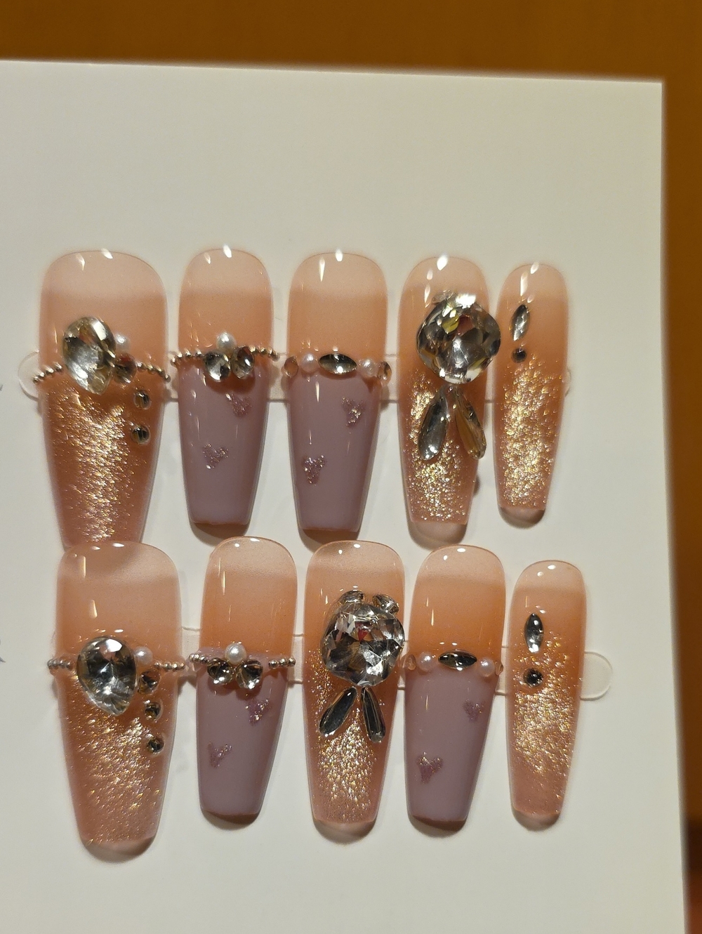 Peach & Mauve Crystal Accent Press-On Nail Set Size Large